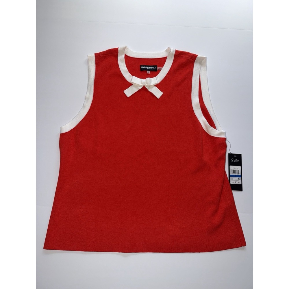 Karl Lagerfeld Paris Women XL Red White Bow Sleeveless Sweater Top Shirt NWT